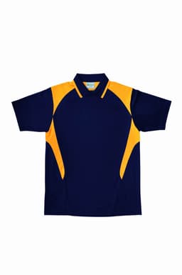 A navy blue polo shirt with bright yellow contrast panels and a logo on the chest. Suitable for unisex adults.