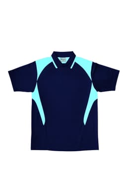 A unisex adult polo shirt in navy with contrasting light blue panels, featuring a logo.