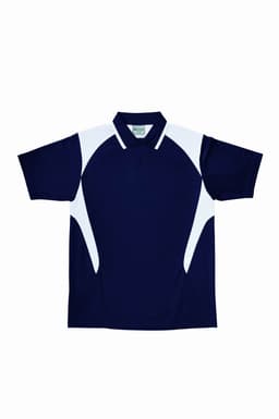A unisex navy polo shirt with white contrast panels, featuring a collar and short sleeves. It includes a logo.