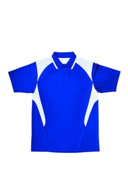 A unisex adults polo shirt in royal blue with white contrast panels and a logo on the chest.
