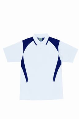 A white unisex polo shirt with navy contrast panels and a logo. Short sleeves and a classic collar design.