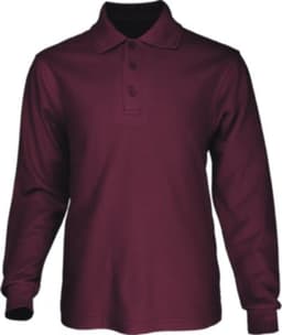 A long sleeve polo shirt in a rich burgundy colour, featuring a collar and three-button placket. It has a logo on it.