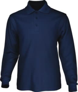 A navy blue long sleeve polo shirt featuring a collar and three-buttons placket, with a logo on the chest.
