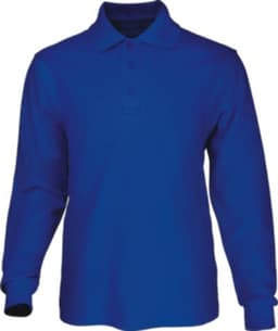 A long sleeve polo shirt in royal blue with a collar and a logo.