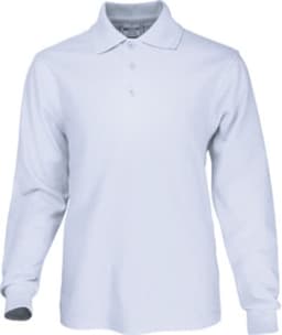 A long sleeve polo shirt in white with a collar and three-button placket, featuring a logo on the breast.