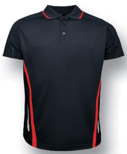 A black polo shirt with red accents, featuring a collar and a logo.