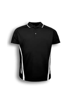 A black unisex elite sports polo shirt with white detailing and a logo.