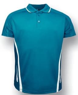 A teal unisex polo shirt with white side stripes and a collar, featuring a logo on the chest.