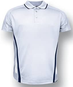 A white unisex polo shirt featuring navy side stripes and a collar. The shirt has a logo on it.