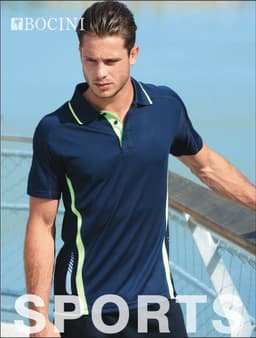 A unisex navy sports polo with green accents and a logo, designed for athletic wear.