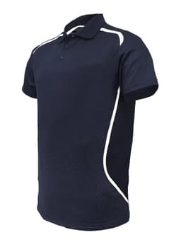 A navy blue unisex sports polo shirt featuring white accents and a logo.