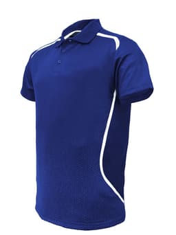 A blue unisex sports polo with a subtle pattern and white accents, featuring a collar and branded logo.