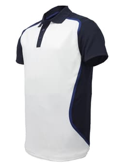 A unisex adults sublimated sports polo shirt featuring white and navy blue colours, with a logo on the chest.