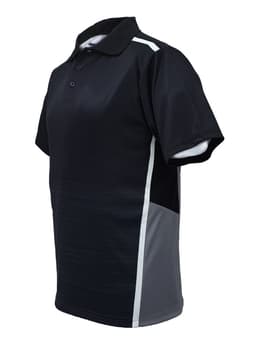 A black and grey unisex polo shirt with a logo and a sporty design, featuring short sleeves and a collar.