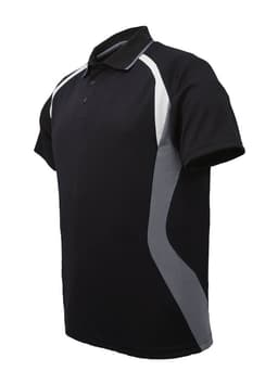 A black and grey unisex polo shirt with a sporty design and a logo.