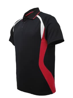 A black and red unisex polo shirt featuring a sports panel design and a logo.