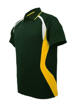A green and yellow unisex sports panel polo shirt with a collar and a logo on the chest.