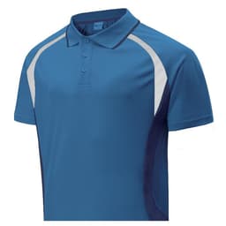 A blue unisex polo shirt featuring white and navy panels, with a collar and buttons. It has a logo on the chest.