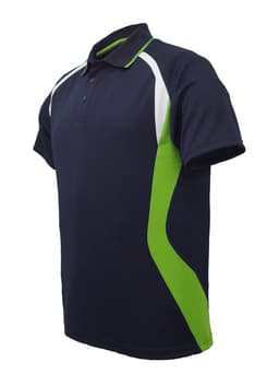 A navy blue polo shirt with a green panel and a logo on the chest. Features a classic collar and short sleeves.