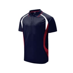 A navy blue polo shirt with white and red panels, featuring a collar and a logo.