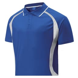 A blue unisex sports polo shirt with white accent panels and a logo. Designed for active wear.