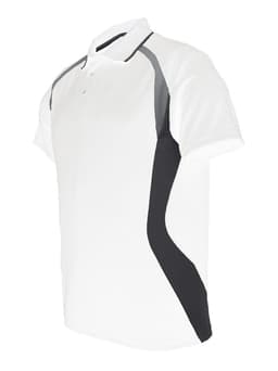 A unisex adult sports panel polo in white with black accents and a logo on the chest.