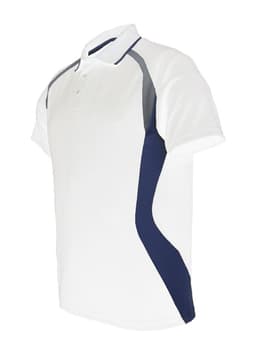 A white unisex adults sports panel polo shirt with navy accents and a logo.