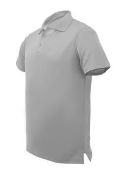 A plain grey unisex polo shirt with a collar and three-button placket, featuring a branding logo.