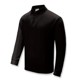 A black unisex long sleeve polo shirt with a collar and a logo on the chest.