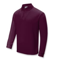A maroon long sleeve polo shirt with a collar, featuring buttons and a logo.