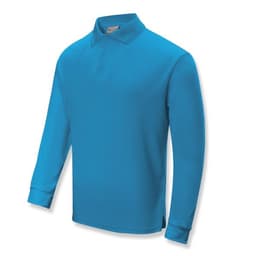 A long sleeve polo shirt in vibrant blue with a collar and a logo.