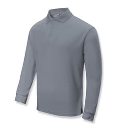A long sleeve polo shirt in a light grey colour, featuring a collar and a logo.
