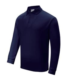A navy unisex long sleeve polo shirt with a collar and buttons, featuring a logo on the chest.