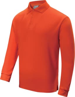 An orange unisex long sleeve polo shirt with a collared neckline and three-button placket, featuring a logo.
