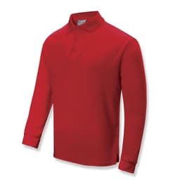 A red unisex long sleeve polo shirt with a folded collar and a logo on the chest area.