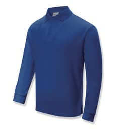 A long sleeve polo shirt in a vibrant blue colour, featuring a classic collar and a logo on the chest.