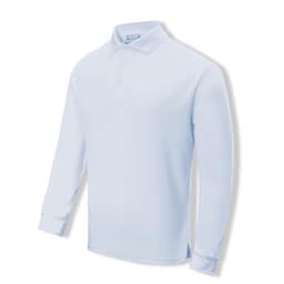 A light blue long sleeve polo shirt for unisex adults, featuring a collar and a logo on the design.