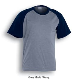 A unisex raglan sleeve tee shirt in grey marle and navy, featuring contrasting sleeves and a logo.