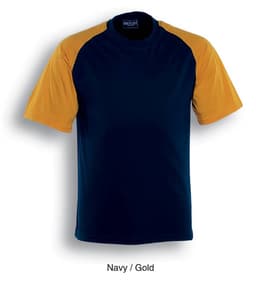 A unisex adults raglan sleeve tee shirt in navy with gold sleeves. Features a logo.
