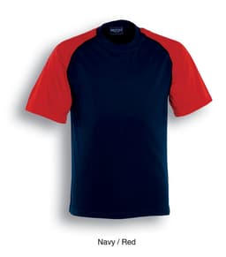 A unisex adults raglan sleeve tee shirt featuring navy fabric with red sleeves and a logo on the neckline.