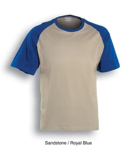 A unisex raglan sleeve tee shirt in sandstone with royal blue sleeves. The shirt features a logo.