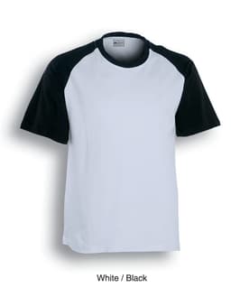 A unisex raglan sleeve tee shirt in white with black sleeves. The shirt features a logo on the label.