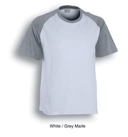 Unisex adult raglan sleeve T-shirt in white with grey marle sleeves, featuring a logo.