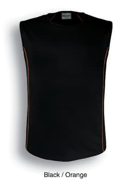 A sleeveless men's tank top in black with orange detailing and a branding logo.