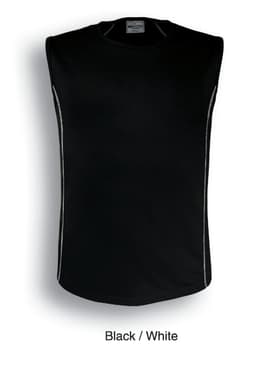 A sleeveless black tank top with white detailing and a logo. Suitable for casual wear.