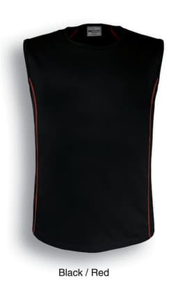 A sleeveless men's tank top in black with red accents and a logo.