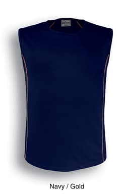 A navy singlet with gold accents and a branded logo, featuring a sleeveless design.