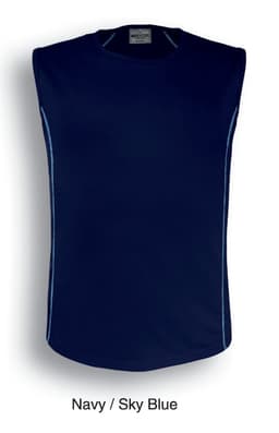 A sleeveless tank top in navy blue with sky blue accents and a logo.
