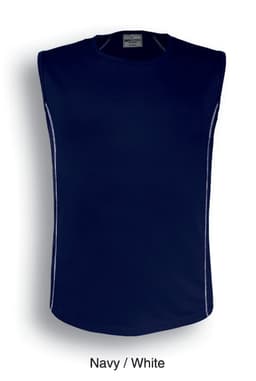 A sleeveless tank top in navy blue with white trim and a logo on the neckline.