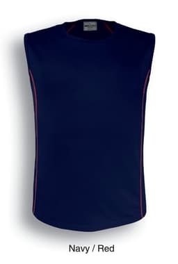 A navy and red sleeveless tank top with a logo on the upper front.